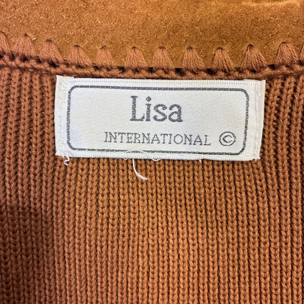 Lisa International Suede Knit Vest Womens XL Brown Crochet Zip Front Vintage 70s - Picture 6 of 13